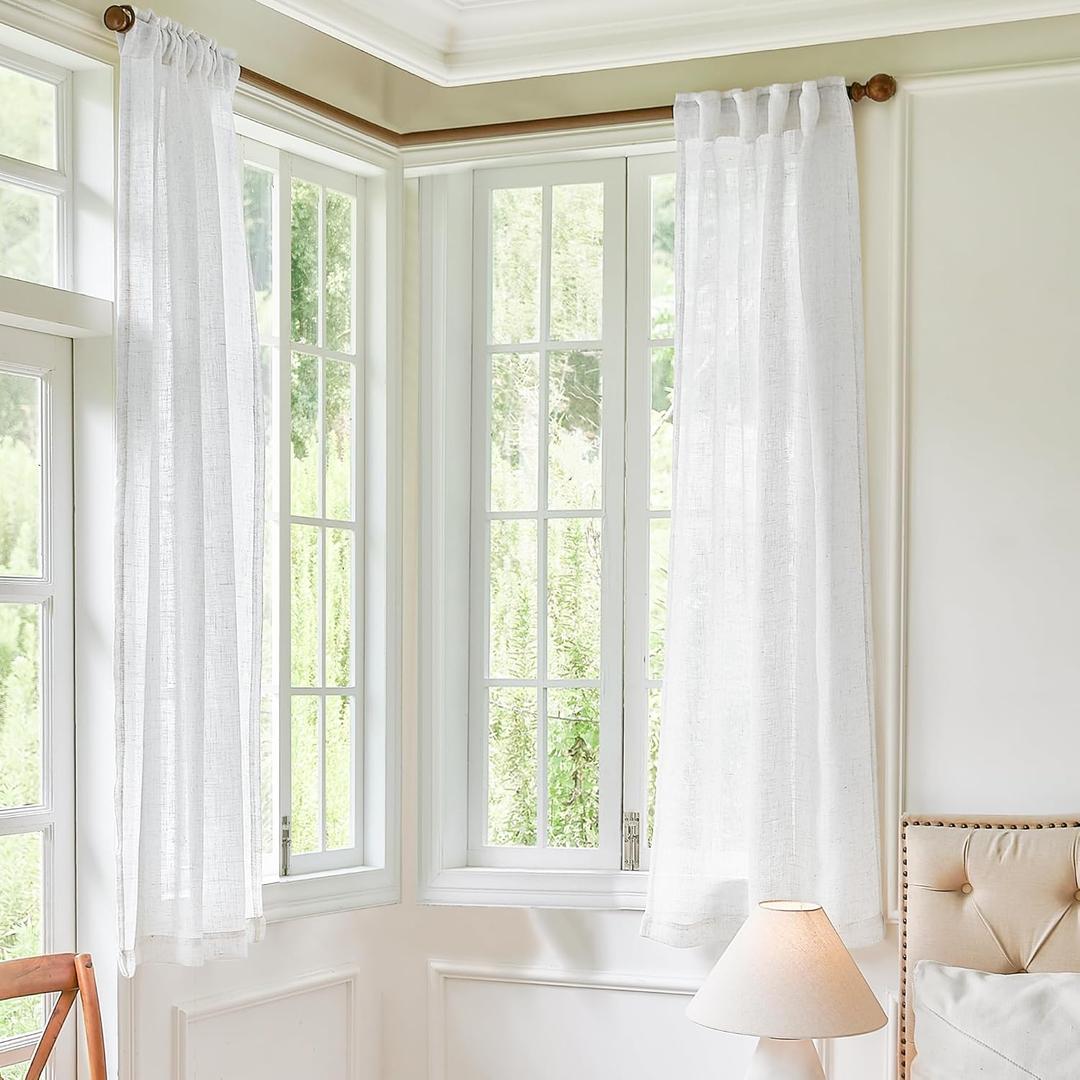 DUALIFE 45 Inch Length White Sheer Linen Curtains for Kitchen Bedroom Bathroom Window, 34 Inch Width Pocket Back Tab Semi Privacy Short Drapes for Laundry Basement Farmhouse Decor 34x45 Inch Length