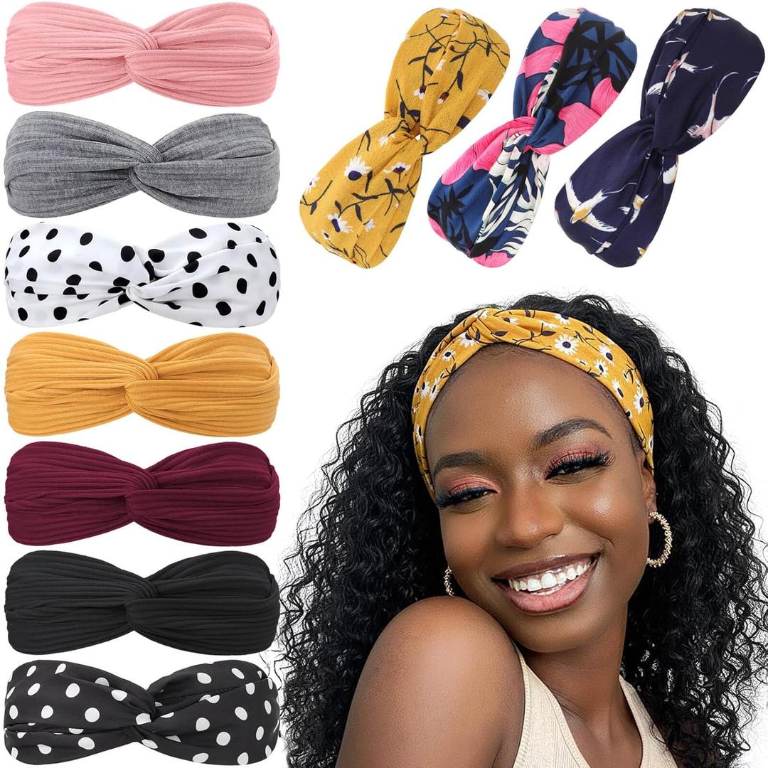 DRESHOW 10 Pack Boho Headbands for Women Girls Criss Cross Elastic Hair Band Twisted Head Wrap Floral Hair Accessories