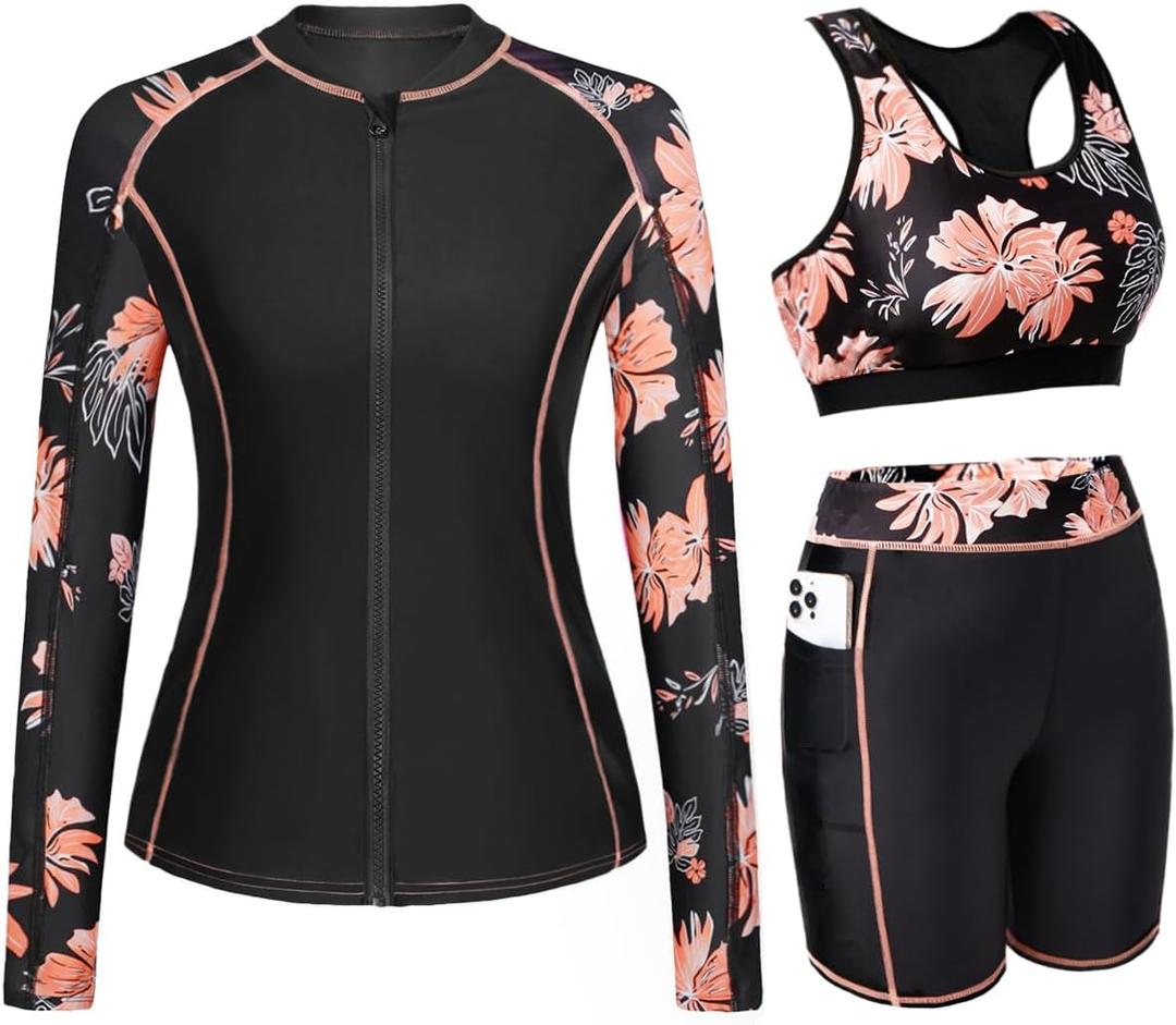 Daci Women 3 Piece Rash Guard - 3PC Long Sleeve Zip up Swim Shirt Sports Bra Modest Swimsuit with Shorts (Large, Orange Floral)