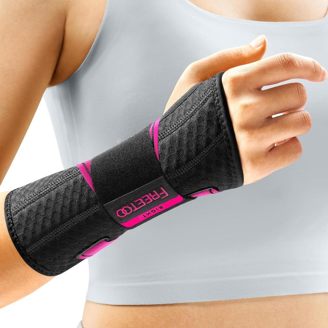 FREETOO Carpal Tunnel Wrist Brace Night Support Fit Right Hand for Work, Pain Relief Wrist Splint for Tendonitis, Sprain, Strain, Rigid Hand Brace for Arthritis for Women Men (XS, Black/Pink)