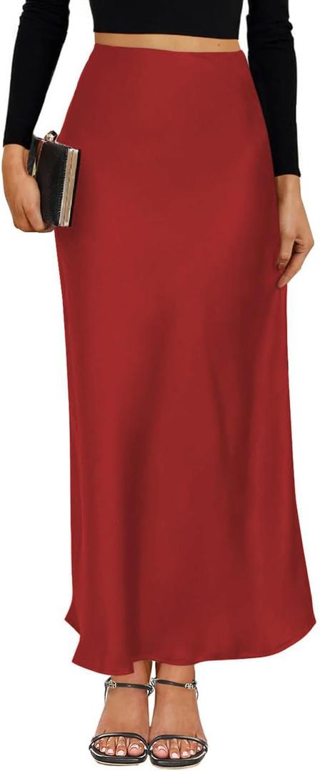 VividMosaic 2025 Satin High Waisted Maxi Skirt Silk A-Line Spring Summer Casual Long Skirts for Women (Red), XL