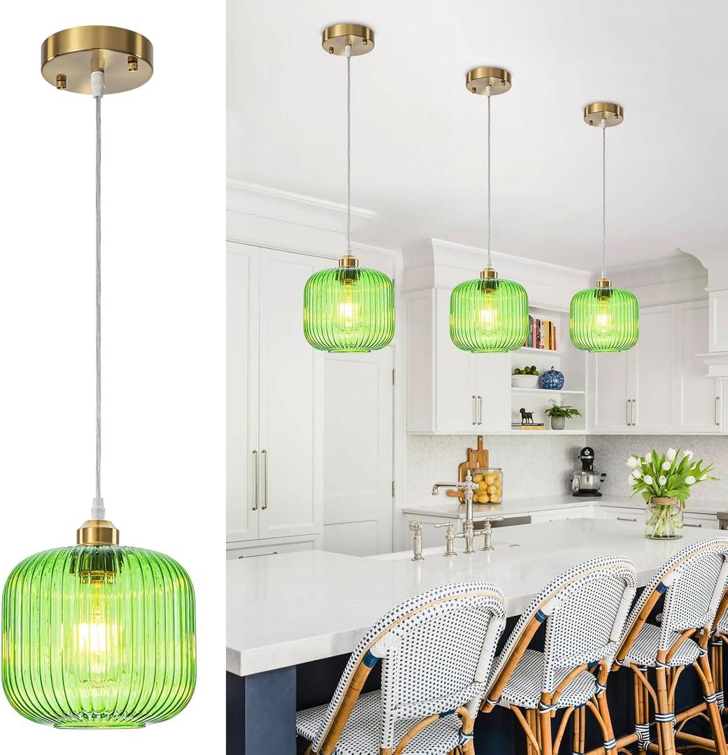 WILON 7.48'' Glass Pendant Light Vintage Light Fixtures with Green Glass Lmapshade, Modern Gold Round Hanging Light for Kitchen Island Dining Room Hallway