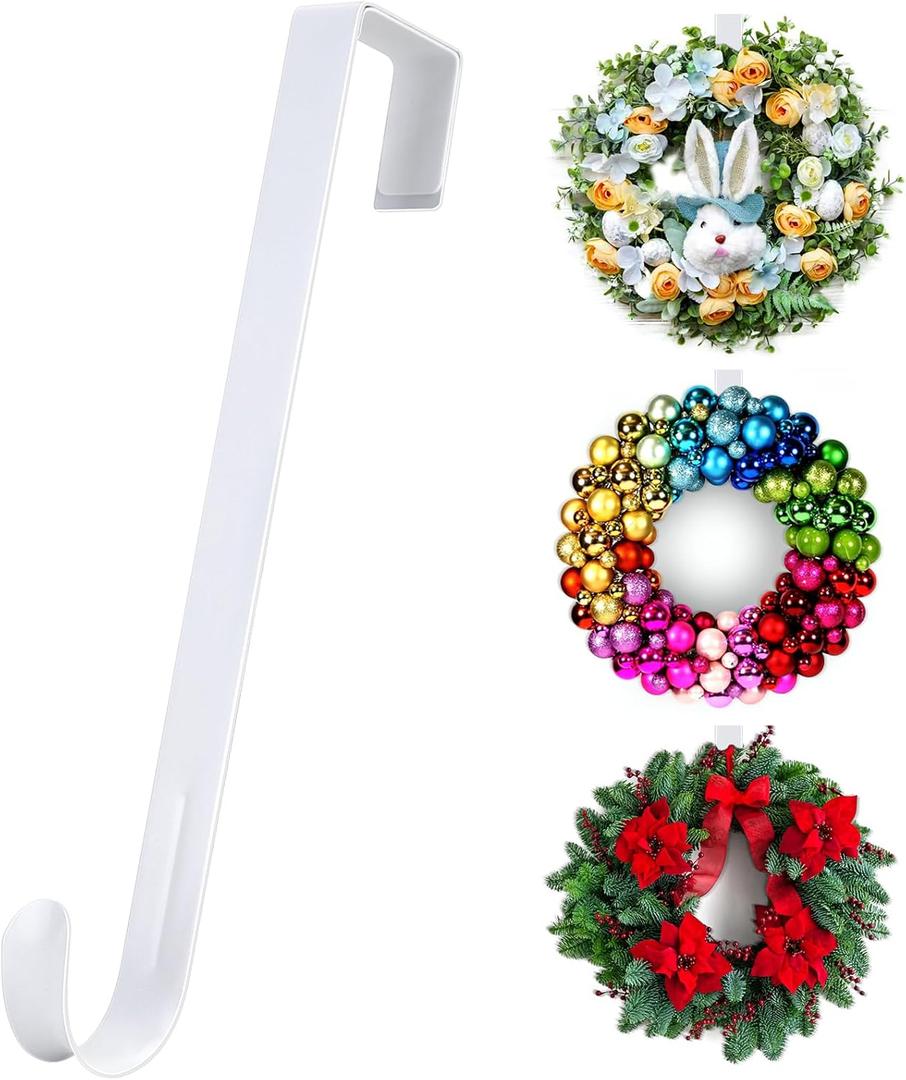 12 Metal Over The Door Wreath Hanger for Front Door  Non-Scratch Door Hook for Hanging Christmas Wreaths, Holiday Decor & Welcome Signs, Durable Wreath Hanger Hooks for Home Decoration, White