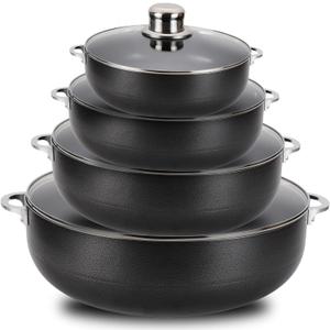 Alpine Cuisine 8-Piece Aluminum Non-Stick Caldero Stock Pot Set 2, 3.5, 7, and 13 Quart Pots Heavy Duty Cookware for Home, Kitchen, and Professional Use Multipurpose Dutch Oven for Soups, Stews, and rice (Non-Stick Glass Lid)