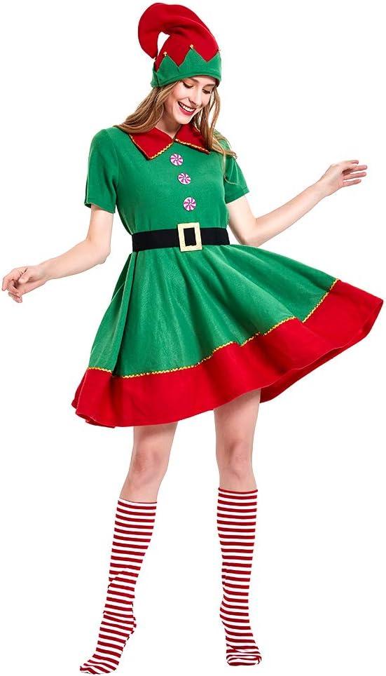 yajuntang Womens Christmas Elf Holiday Costumes Dress and Hat sock for Women (Medium, Green)