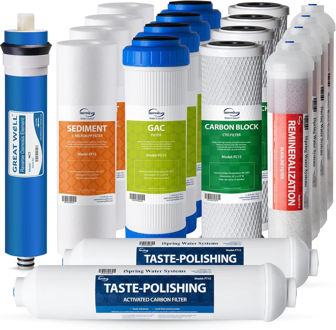 iSpring F19K75 NSF Certified 2-Year Replacement Filter Set for 6-Stage Reverse Osmosis Systems, Alkaline Mineral Filter, 19-Count, Long-Lasting Purification