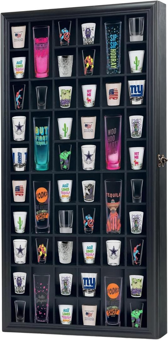 Shot Glass Display Cabinet Solid Wood - Large Display Case for Collectibles | Man Cave Accessories | UV Protection Acrylic Door | Wall Mounted Black Shadow Box | 52 Divided Slots | 32" x 17"