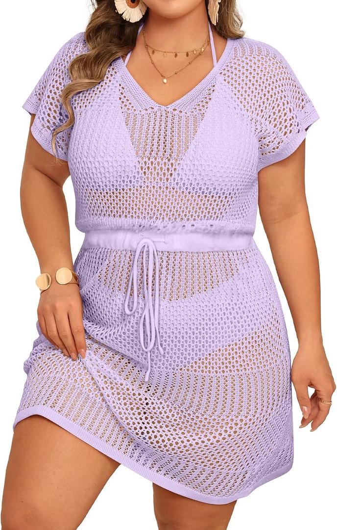 Aqua Eve Plus Size Swimsuit Cover Up for Women-Crochet Beach Dress V Neck Tie Waist Bathing Suit Cover Up (Purple)