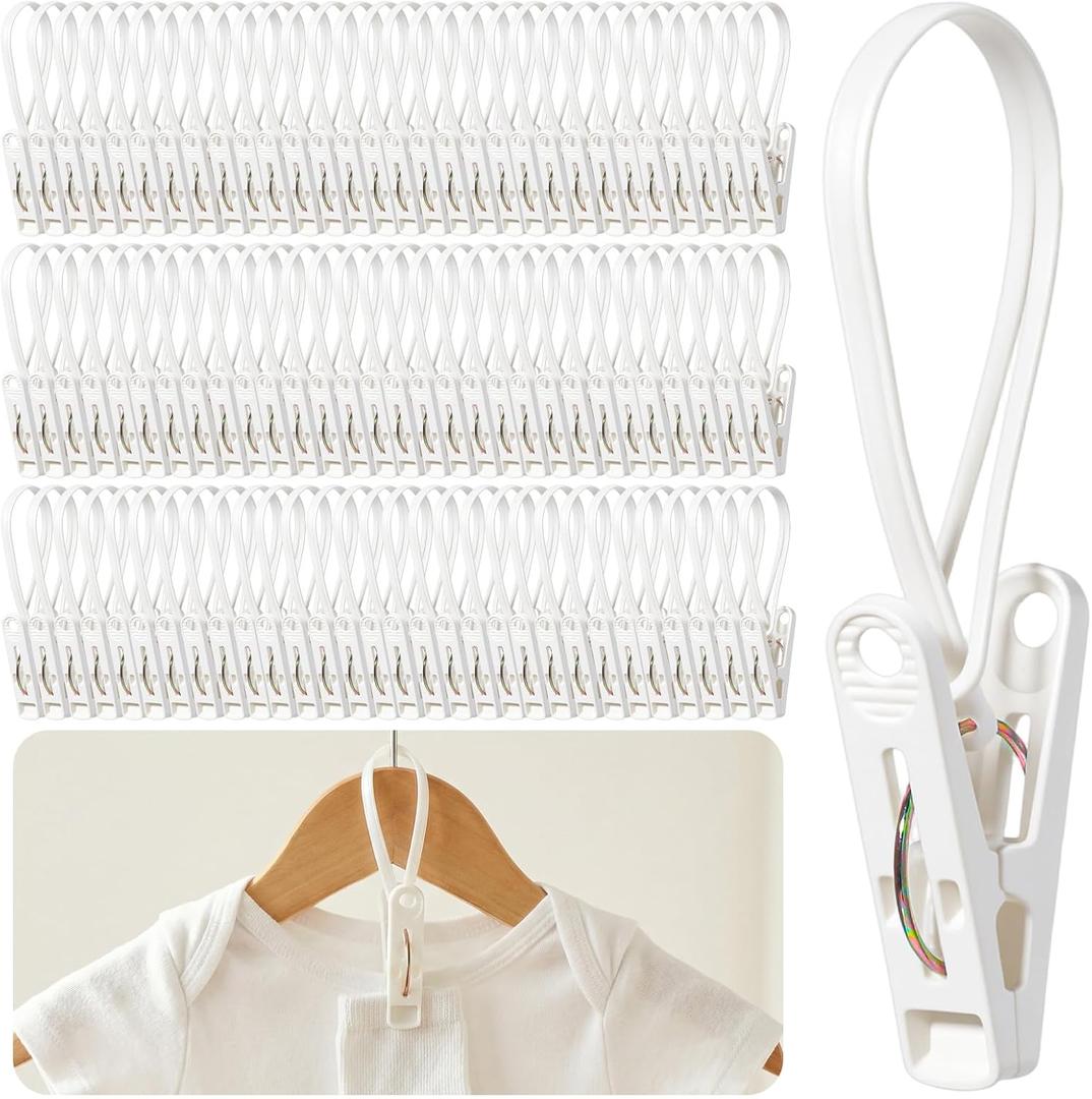 105 Pcs Multi-Purpose Laundry Hooks Hanging Clips Bulk with Plastic Rope Hanger Clips for Baby Clothes Closet Organizer for Pants Hat Sock Boot Bra Towel Bathroom Wardrobe Kitchen, White