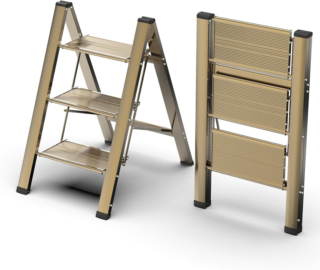 FlyGeneral 3 Step Ladder, Folding Ladder Stool, Gold, Wider Upgraded Non Slip Treads, Portable Lightweight Ladder for Home and Kitchen, Holds up to 330 Lbs.
