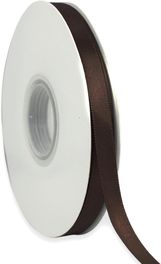 Brown Ribbon 3/8 Inch x 50 Yards Satin Ribbon Continuous, Single Face, for Crafts, Gift Wrapping, Floral Bouquet, Weddings, and Decorations, with Spool