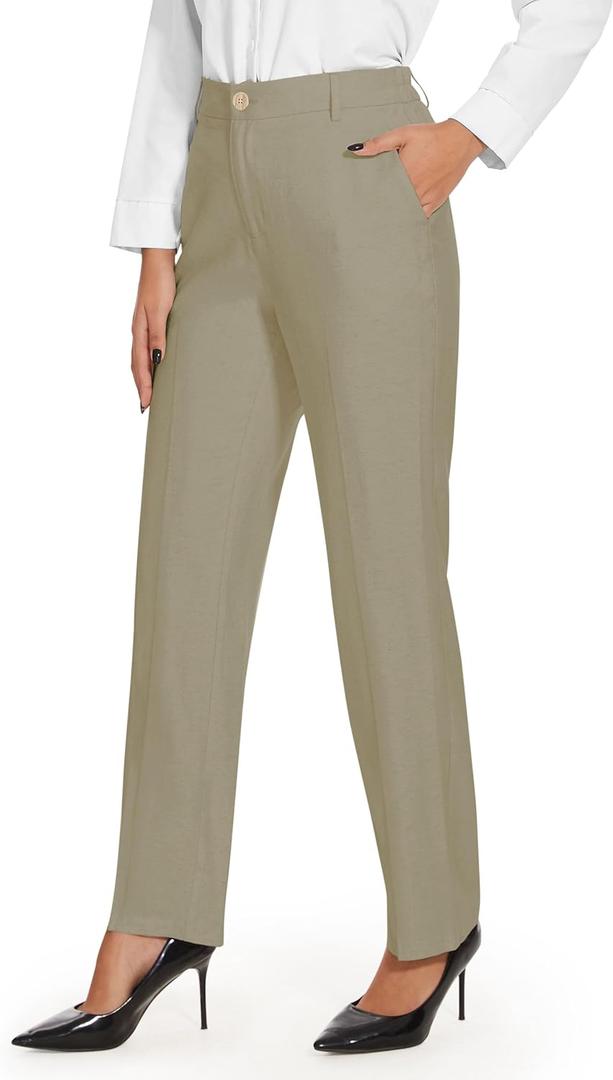 Tapata Women's 28"/30"/32"/34" Straight Linen Dress Pants with Pockets Tall, Petite, Regular for Office Work Business (Brown, XL)