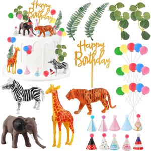 Hooqict 34 Pcs Safari Animal Cake Toppers with Mini Birthday Party Hats Party Animal Birthday Decorations Jungle Cake Decorations for Kids Wild Zoo Theme Party Decorations