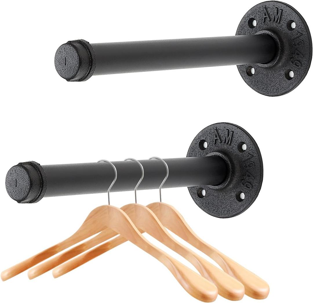 10 Inch Black Industrial Pipe Floating Clothing Rack Wall Mounted, Heavy Duty Garment Rack for Hanging Clothes, Multi-purpose Hanging Rod for Closet Storage, 2 Pack