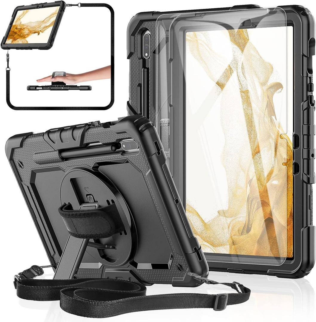 Case for Samsung Galaxy Tab S8/S7 11-inch 5G Tablet Case 2022/2020, [with Tempered Glass Screen Protector],360 Rotating Kickstand/Hand & Shoulder Strap/S Pen Holder (Black)