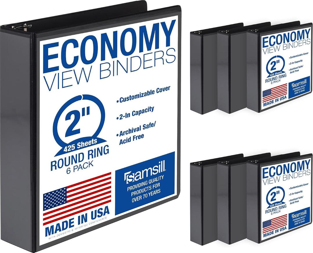 Samsill 2 Inch 3 Ring Binders, Economy Round Ring, Clear View Cover, 425 Sheet Capacity - for School, Home, Office - Black, 6 Pack