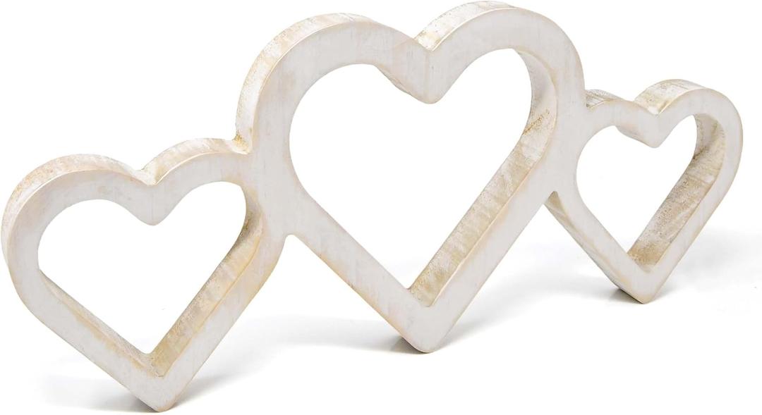 Gift Boutique Valentine's Day White Rustic Triple Heart Shaped Sign Decor Love Hearts Wooden Cutout Wall Table Tiered Tray Centerpiece Home Decoration