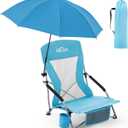 Homcosan Portable Low Folding Beach Chair with Detachable Umbrella - Lightweight Camping Chair for Adults with Cup Holder & Storage Pocket, Carry Bag Included (Blue)