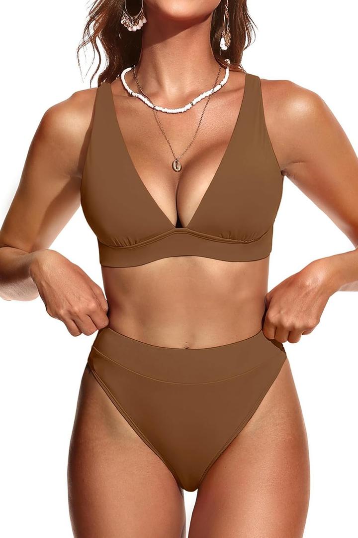 Yonique Thong Bikini Set High Waisted Two Piece Swimsuit High Cut Bikini V Neck Bathing Suit (X-Large, Brown)