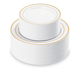 200PCS White Plastic Plates with Gold Rim, Disposable Heavy Duty Plastic Plate, 100 Dinner and 100 Dessert Plates for Party and Wedding