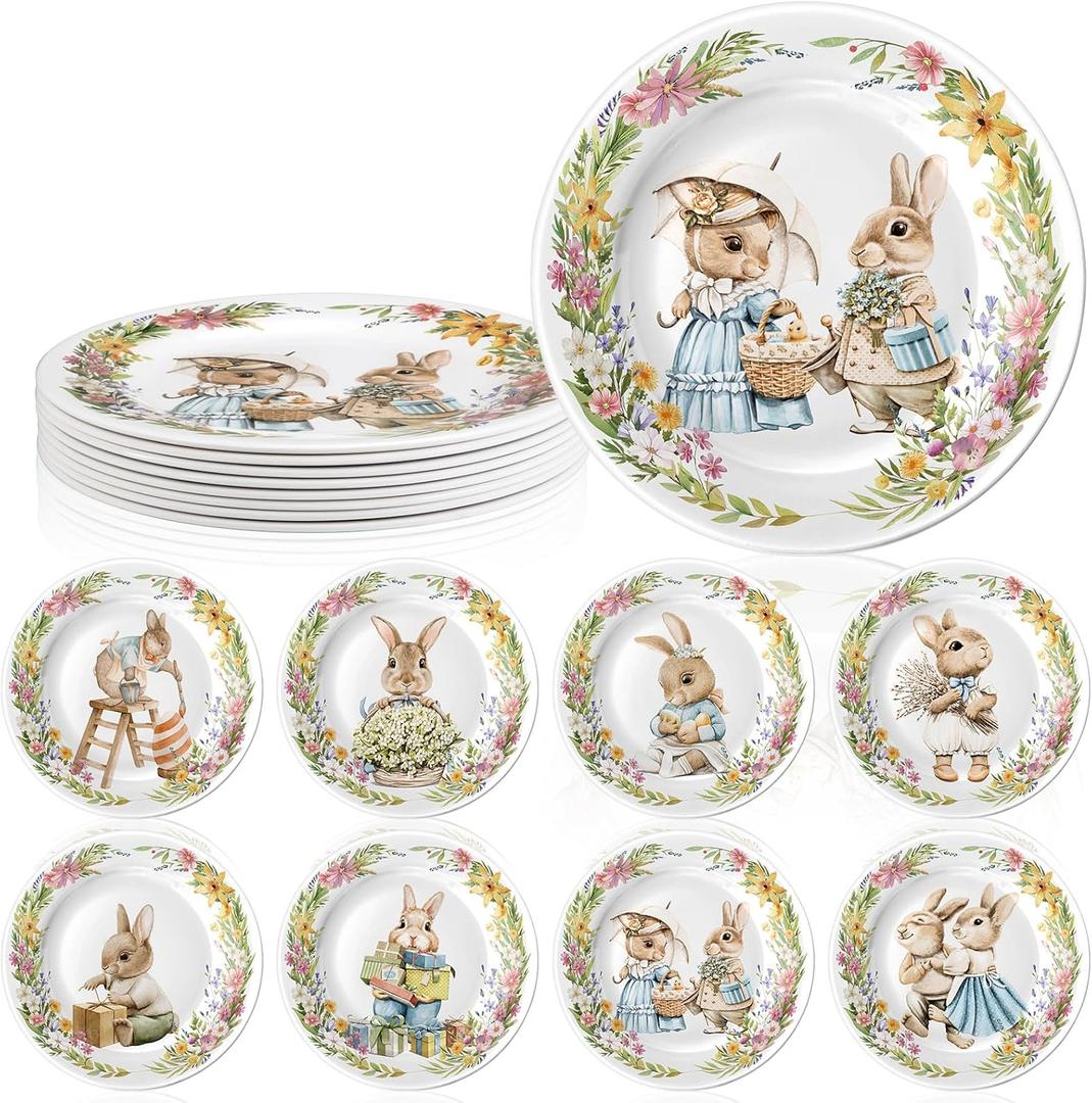 8 Pcs Easter Salad Plates Bunny Dishes 8" 10" Melamine Easter Dinnerware Sets Assorted Designs Ceramic-like Spring Rabbit Plates for Dinner Salad Dessert Birthday Party Supplies(10 Inch)