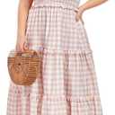 Women's Plus Size Summer Casual Maxi Dress Ruffle Sleeveless Plaid Smocked Tiered Long Dresses with Pockets (White, L)