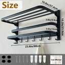 24in Towel Racks Shelf for Bathroom, Foldable Wall Mounted Towel Storage with 2 Towel Bar 9 Hook, Modern Rustproof Towel Holder with Shelves, Towel Hanger for Hotel Dorm Restroom RV Gym, Black