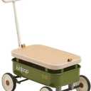 PULA-Wild 3-in-1 Kids' Pull-Along Wagon Toddlers Push Walker for 2.5-8, Removable Wooden Cover and Adjustable Handlebar, Birthday Gifts Max Weight 33 lbs (Green)