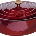 La Cuisine Enameled Cast Iron Oval Dutch Oven Casserole Dish Pot with Lid 5 QT Internal Matte Black Enamel Coating, Cranberry, Gold-Plated Stainless Steel Lid Handle, Oven Safe