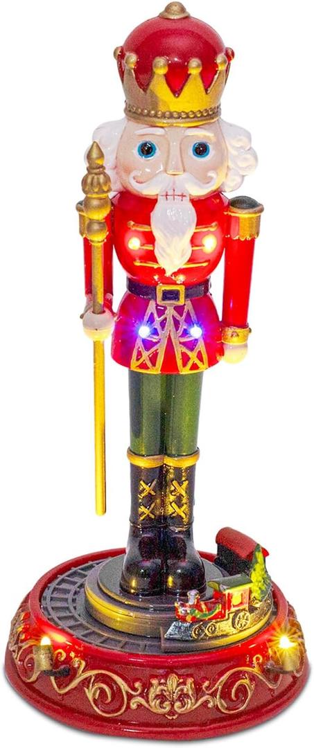 innodept12 Christmas Nutcracker with Rotating Train Decoration - LED Light and Musical Nutcracker Figurine for Tabletop Display, Holiday Ornament for Home and Gifts, Battery Operated, 9.6 Inches Tall