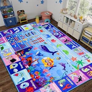 Mfmiudole ABC Kids Rug for Playroom 78.7"118" Ocean Baby Play Mat Alphabet Sea Animal Number Shape Classroom Early Learning Carpet for Preschool Toddlers