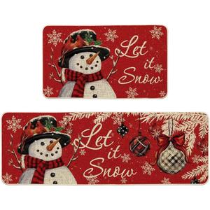 Christmas Kitchen Rugs Set 2-Piece, Kitchen Rugs Non Slip Washable Rugs with Holiday Designs for Kitchen Door and Sink Area, 17x47 & 17x29 Inch (Snowman)