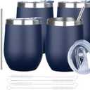 MEZMUT 12 Oz Insulated Wine Tumbler with Lid Double Wall Vacuum Stainless Steel Wine Glass Coffee Mug Insulated Tumbler Cup for Champaign, Cocktail, Beer (Navy, 4 Pack)