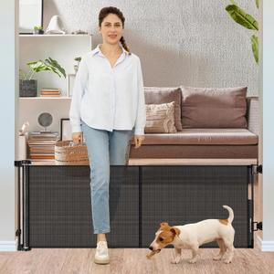 24 Inches Tall Retractable Baby Gates for Doorways, Short Dog Gates to Step Over, Extends up to 55" Wide, Reinforced Mesh Baby Gate for Kids or Pets, Doggie Gates Puppy Gates for The House (Black)