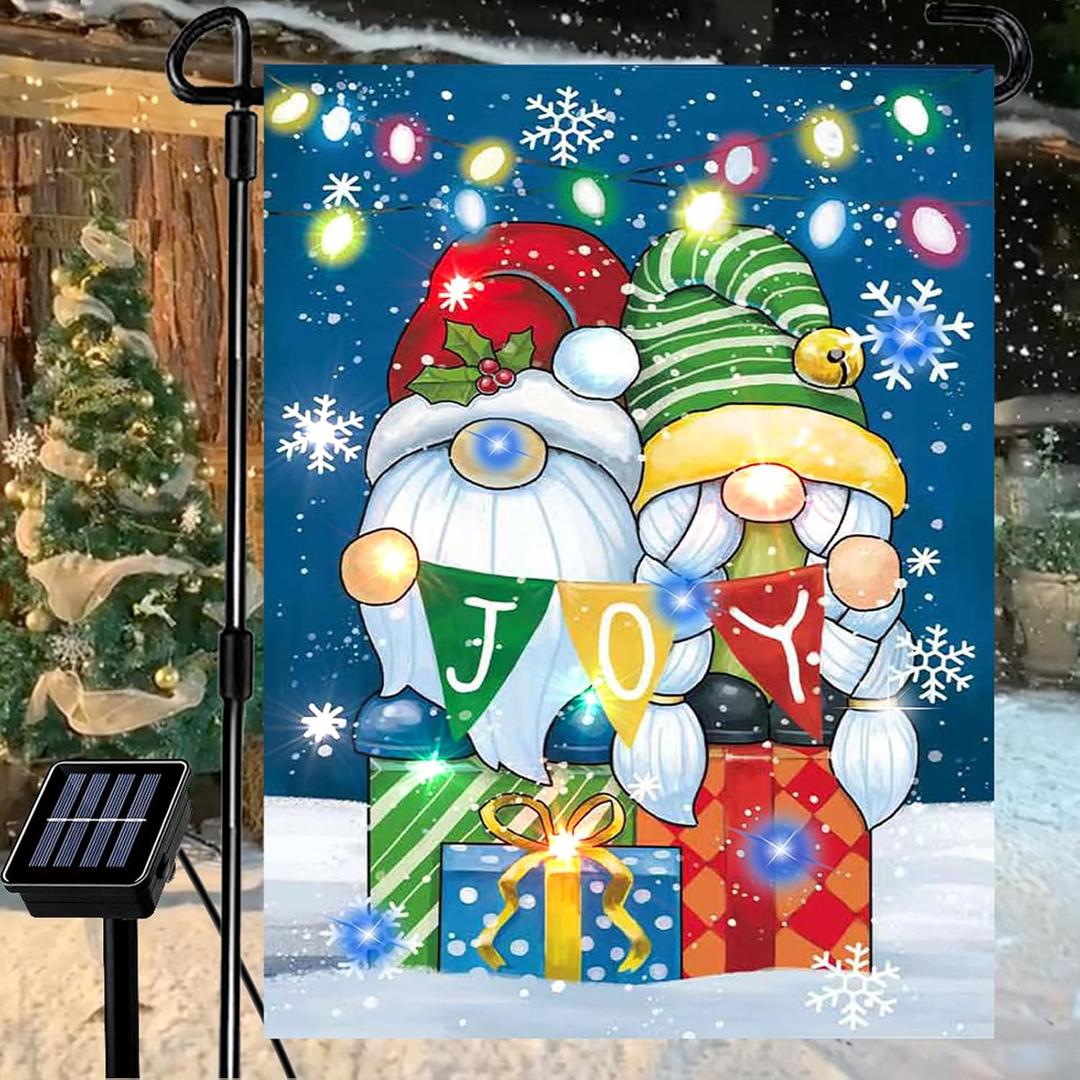 Lighted Christmas Garden Flag for Outside, Gnomes Garden Flag, Winter Yard Flag 12x18 Double Sided for Outdoor Yard Porch Lawn Decoration