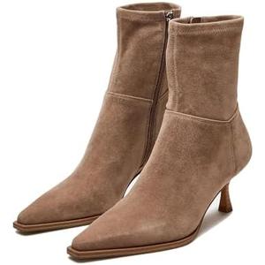 Atsroel Womens Brown Suede Fall Boots with Side Zip, Ankle, Mid Calf, Pointed Toe, Kitten Heel, Dressy, Short Boots Size 8