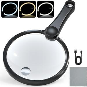 IMICHI Large 5.12" Handheld Magnifying Glass 10X/20X Lens with Eye-Care Anti-Flicker LEDs  3 Adjustable Light Modes, Rechargeable  Perfect for Seniors, Low Vision, Reading, Crafts, Jewelry Repair (Black)