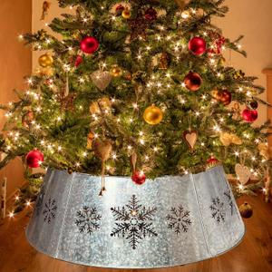 35.5" Galvanized Metal Christmas Tree Collar, Snowflake Diecut Christmas Tree Collars for Artificial Trees, Beautiful Metal Tree Collar Decorates Your Home for The Holidays