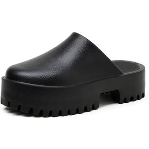 Womens Platform Mules Slip On Sandals Closed Toe Clogs Non-Slip Thick Sole Waterproof Slippers (9, Black)