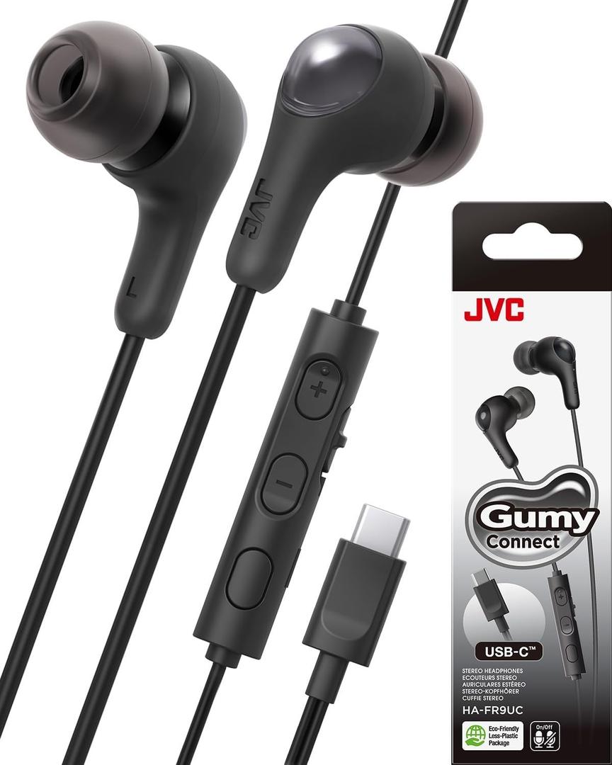 JVC Gumy Connect USB-C Wired Earbuds Headphones, Delay-Free for Videos and Gaming, Built-in DAC Reduces Noise and Improves Sound Quality, 9.2 mm Diameter Neodymium Drivers - HAFR9UCB (Black)