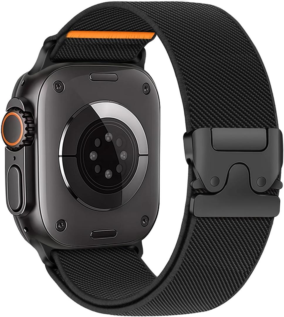 Elastic Sport Bands for Apple Watch Ultra/2 Bands 49mm 46mm 45mm 44mm 42mm 41mm 40mm 38mm Men Women,Parachute Buckle Stretchy Fabric Nylon Wide Strap Wristband for iWatch Series 10 9 8 7 6 5 4 3 SE/2 (01-Black(Orange line))