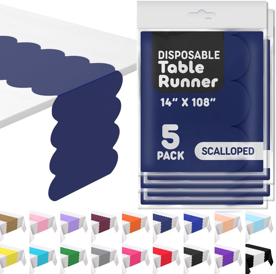Navy Blue Plastic Disposable Table Runner. 5 Pack 14 x 108 inch. Scallop Table Runner Adds A Pop of Color to Your Party Table, by Swanoo