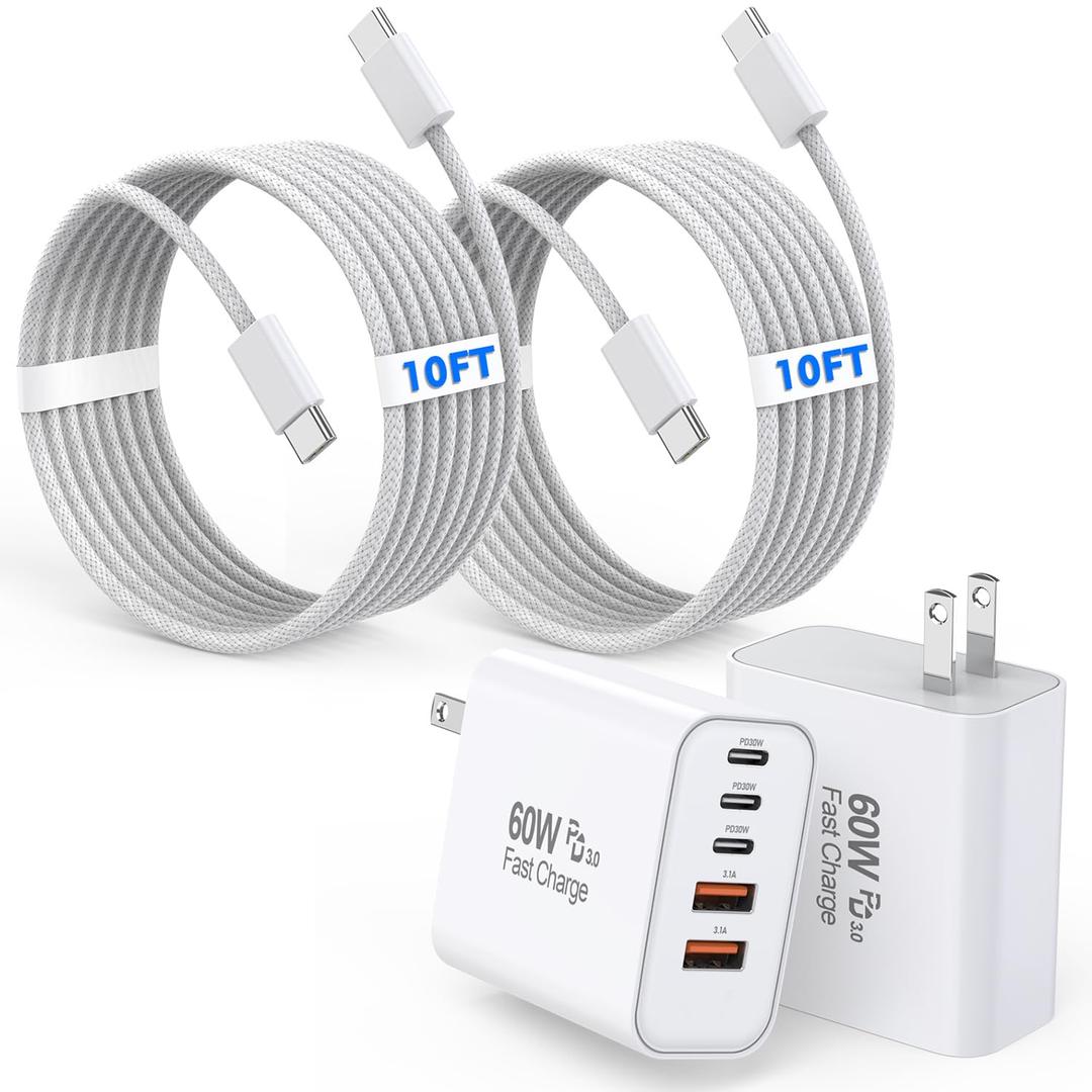 60W iPhone 17 16 15 Pro Charger Fast Charging,2Pack 10FT 5-Port USB C Charger Super Fast Charging Block Long 10Foot Woven Cable USBC Cord for iPhone 17/17 Air/17 Pro Max/16e/16/15/15 Pro Max,iPad Pro