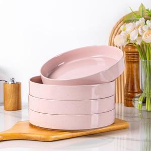 AmorArc 9.0" Large Ceramic Pasta Bowls, 32oz Handmade Speckled Stoneware Pasta Bowls Set of 4, Microwave & Dishwasher Safe Bowls With Terracotta Underside for Fruit Pasta Salad-Pink