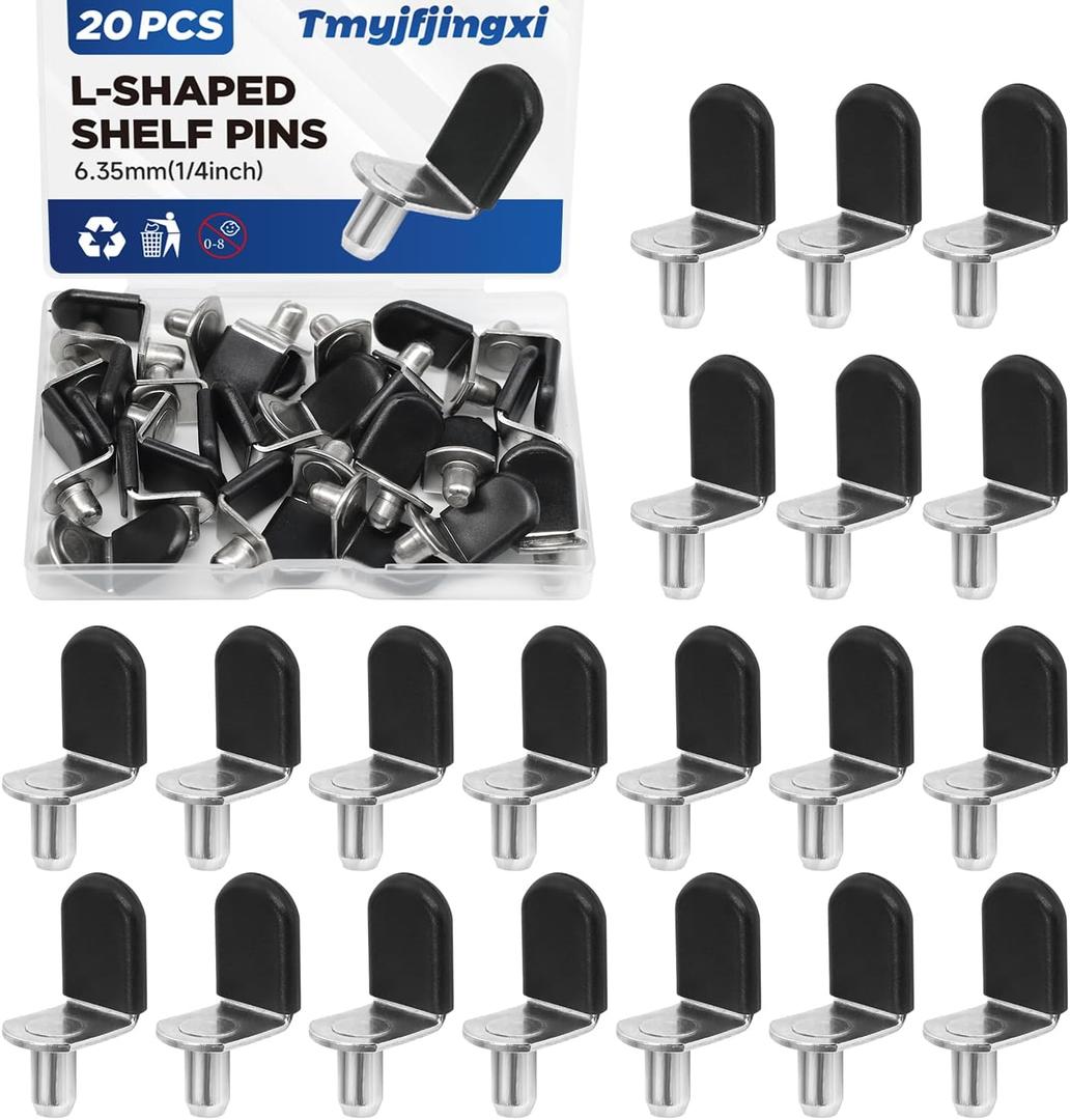 20PCS Shelf Pins 1/4 Inch (6.35mm) Cabinet Support Pegs L-Shaped Metal Shelf Clips for Wood Shelving with Black Rubber Sleeve YY029-7Z