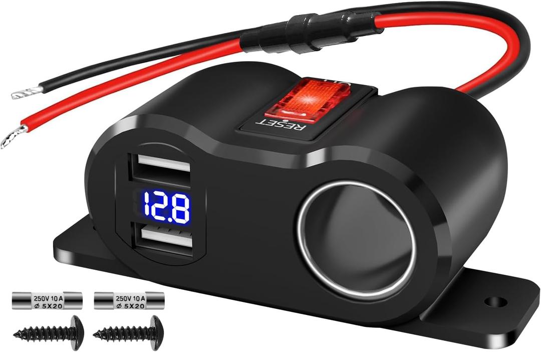 120W Dual USB Outlet Cigarette Lighter Socket Splitter with LED Voltmeter/Rocker, 12V Car Charger Power Adapter Replacement Plug Female for RV Marine Boat Motorcycle Truck ATV UTV Van (3 * 10A Fuse) (1P, Black)