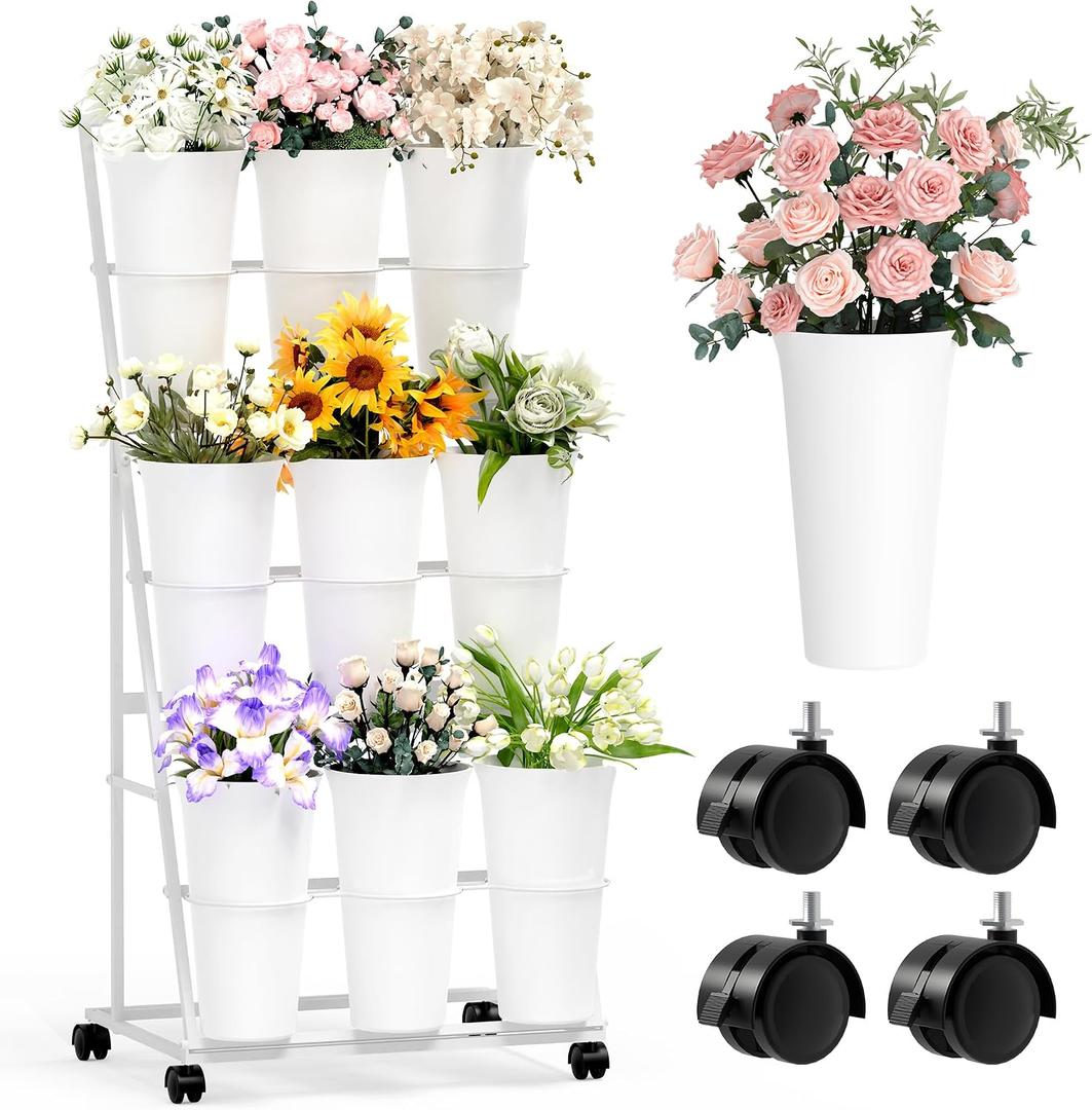 Invech Flower Display Stand with 9 Buckets, 3 Tier Flower Cart Display Stand and Wheels for Indoor Outdoor Garden, Wedding, Flower Shop (White)