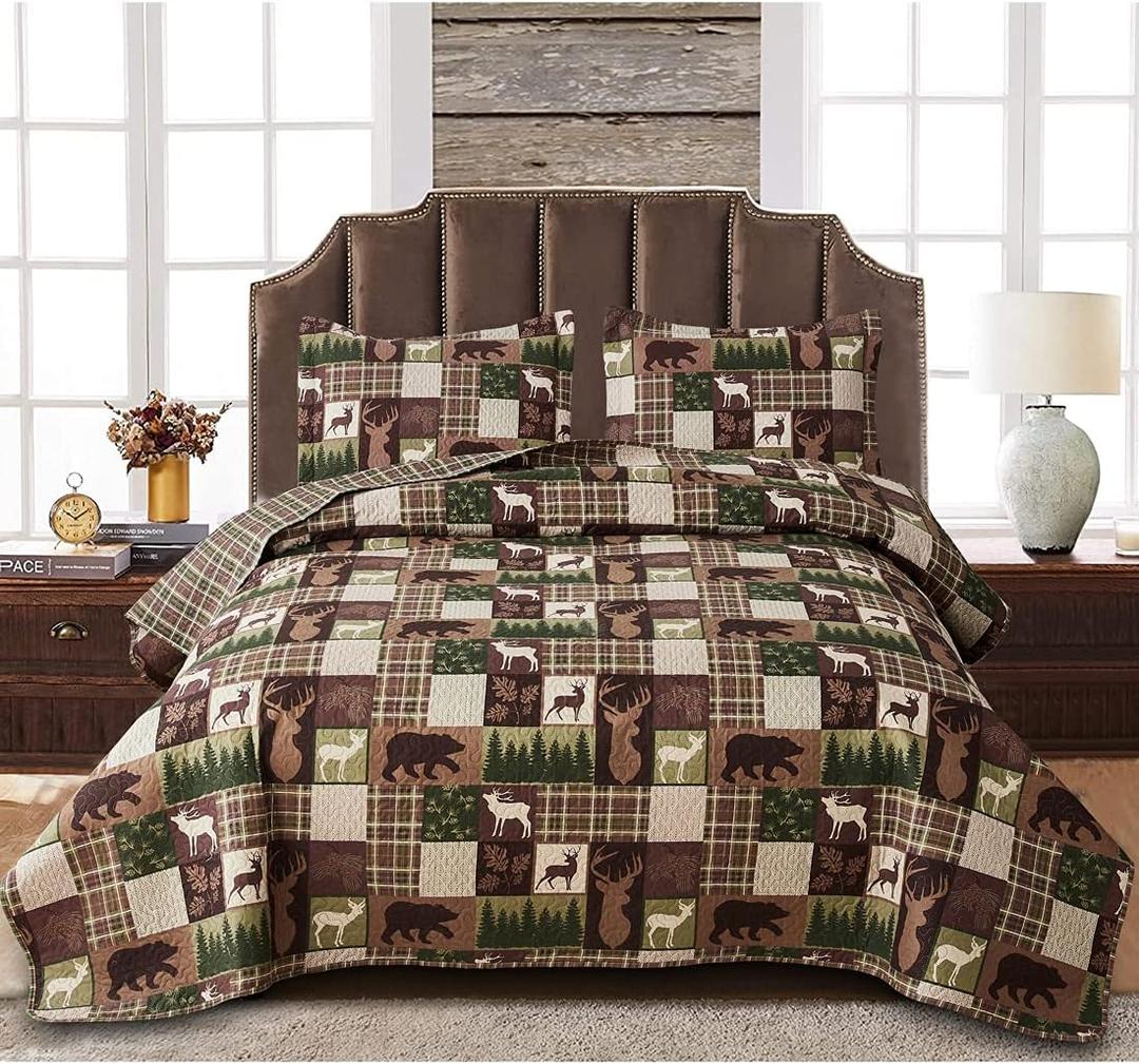 Reversible Lodge Plaid Bedding Moose Bear Quilt Full/Queen Size Rustic Bedspread Cabin Coverlet Wildlife Forest Daybed Cover Summer Lightweight Bed Cover Pillow Shams (Brown Green)