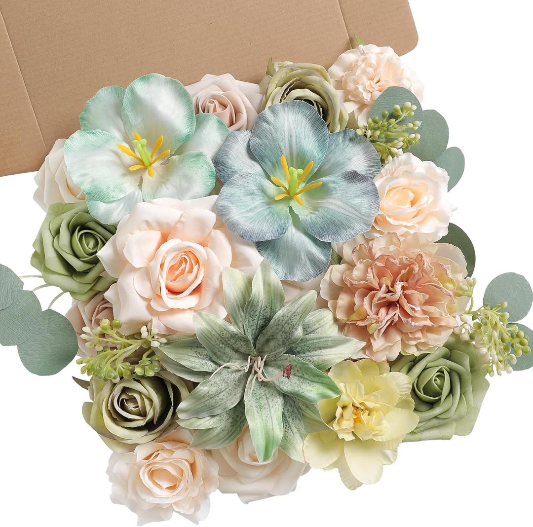 Serra Flora Artificial Flower Combo Fake Peony Rose Silk Flowers for DIY Wedding Bridal Bouquet Centerpieces Arrangements Party Decorations (Blue-green)