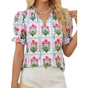 Tankaneo Womens Summer Floral Ruffle V Neck Blouses Dressy Casual Puff Short Sleeve Loose Fit Boho Shirts Tops, Medium
